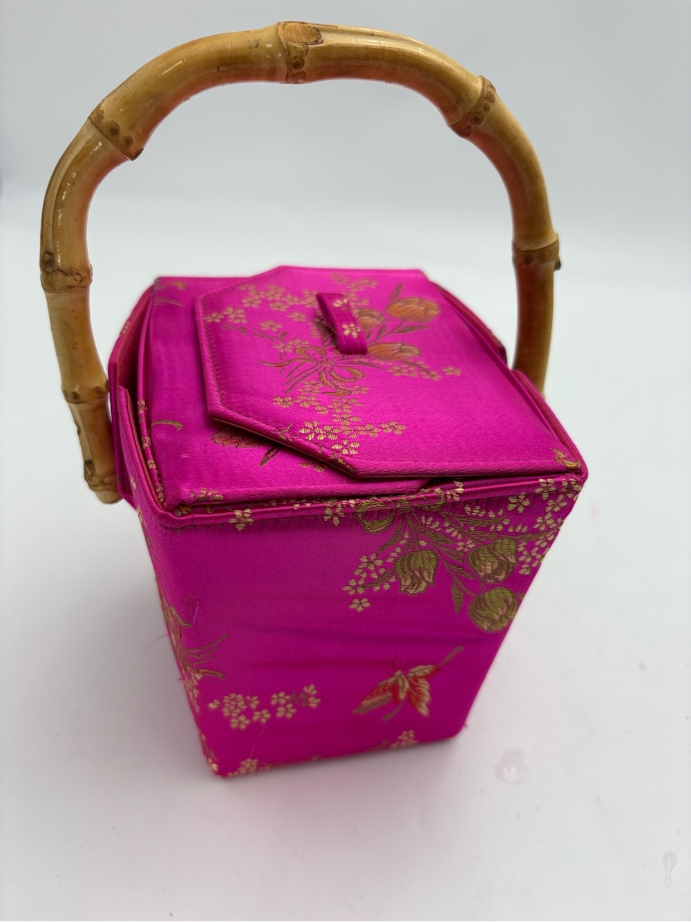 Vintage Tozai Hot Pink Satin Bamboo-Handle Chinese Take-Out Evening Bag